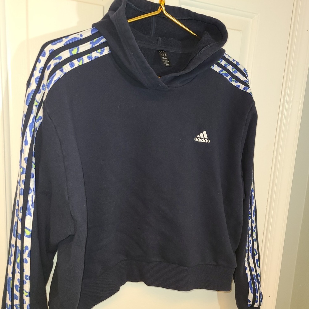 Adidas Woman's Essentials 3Striped Hoodie Navy Animal Print Relaxed XL No String